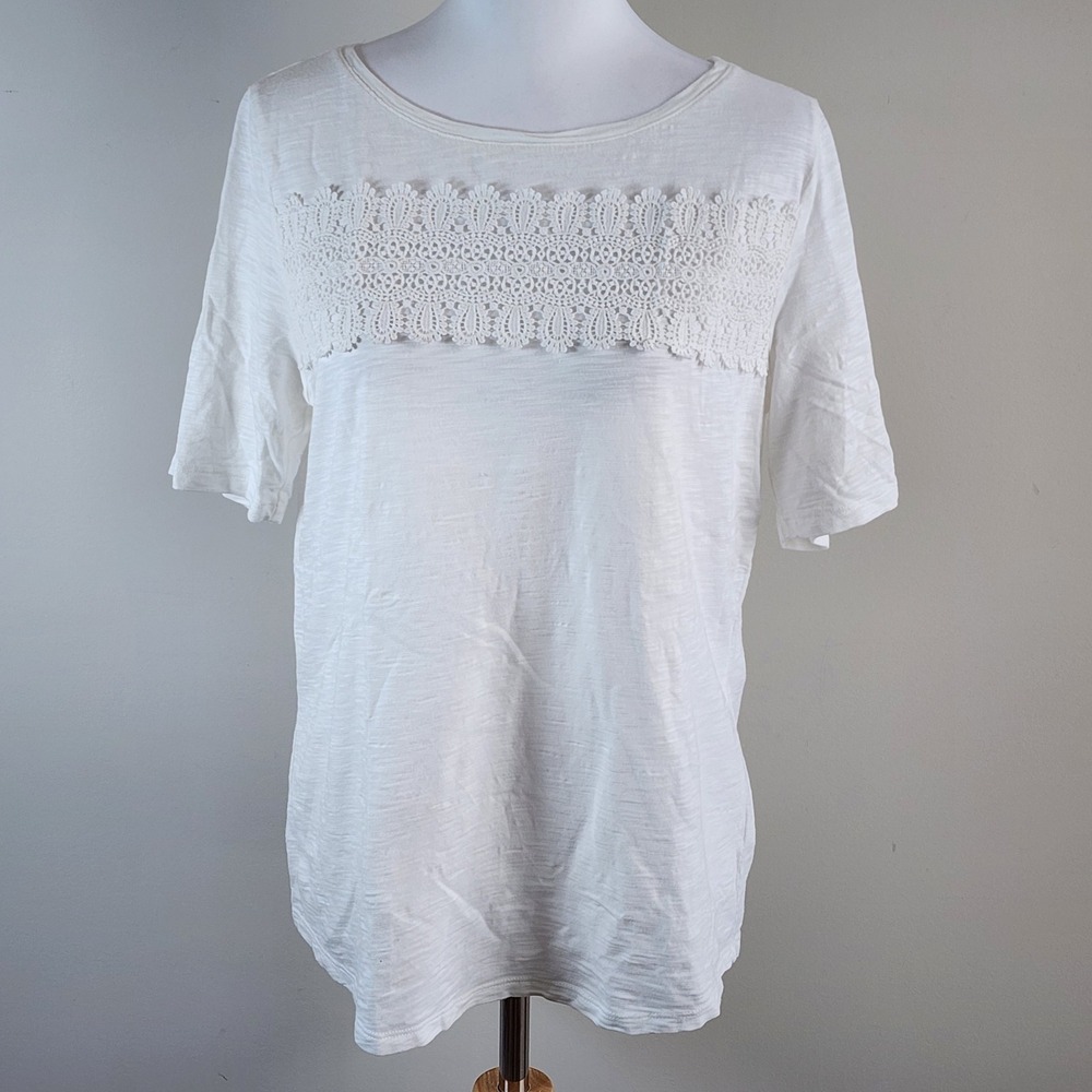 Talbots Lace Trim‎ T-Shirt Womens Medium White Slub Knit Cotton Modal Casual
